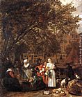Amsterdam Paintings - Vegetable Market in Amsterdam by Gabriel Metsu